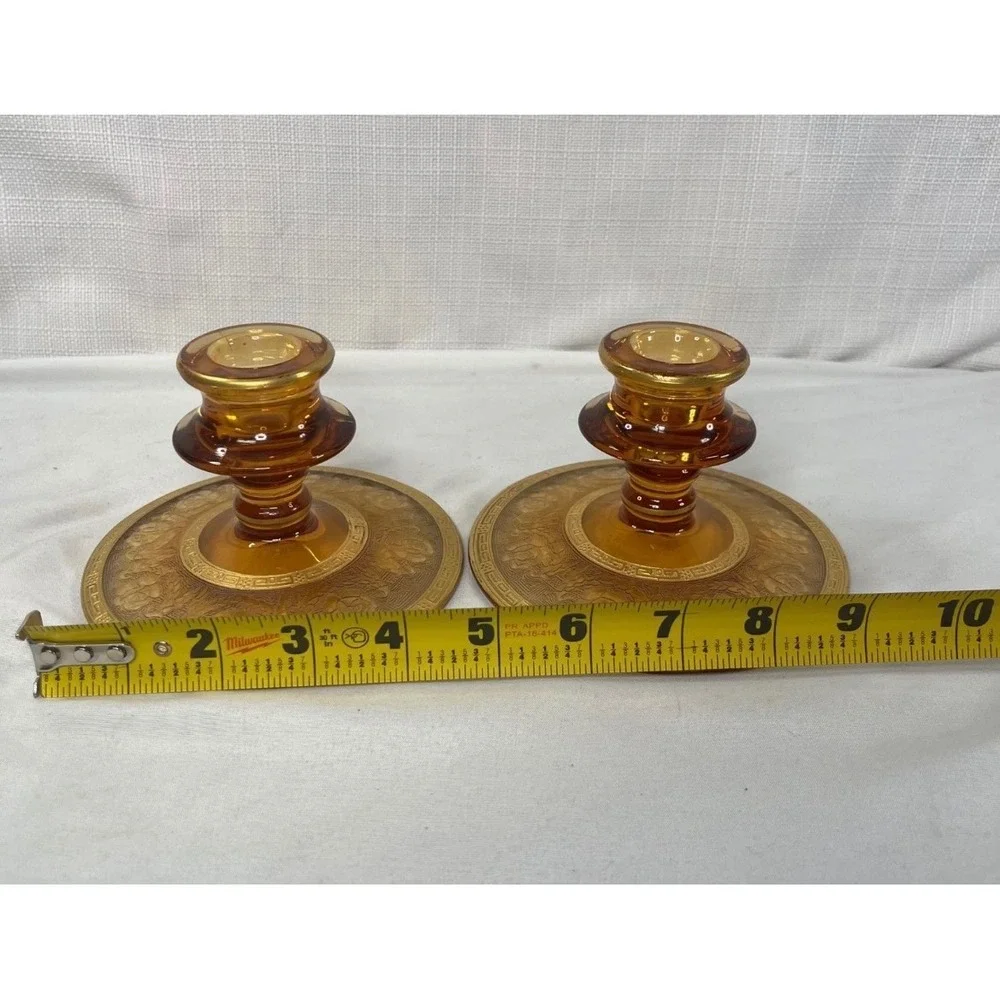 Vintage Amber Glass Candlestick Holders Pair Etched Rose Gold Greek Key 3.5